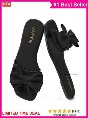 Women's Bow Flat Sandals Square Toe Slide Faux Leather Comfort